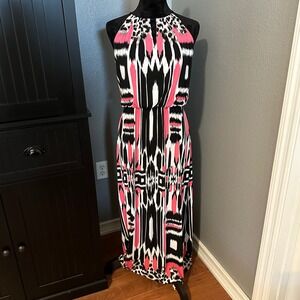 London Style Collection Dress 8P Petite Maxi Halter Ikat Leopard Print Pink